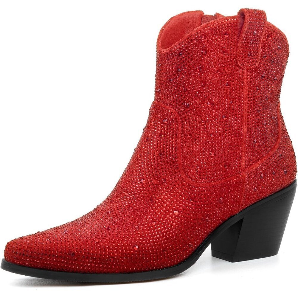🆕Missmiller Women Red Rhinestone Mid Calf Pointed Sparkly Block Pull On Heel